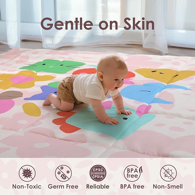 Baby Play Mat, Foldable Play Mats for Floor, 50x50 Inches Crawling Mat for Playpen with Anti-Slip Bottom, Machine Washable, Thicken Padding Foam Playmats for Babies and Toddlers (Pink Floral)