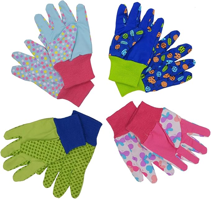 HANDLANDY 2 Pairs Kids Gardening Gloves, Girls Boys Children Garden Work Play Gloves (Green Ladybug & Dot, Small)