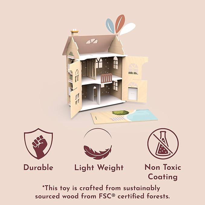 SPEEDY MONKEY Flowers Cottage Wooden Dollhouse with Starter Set | Pretend Play Doll House for Toddlers & Preschoolers | Fun Playhouse for Boys & Girls, Ideal for Imaginative Storytelling Playset
