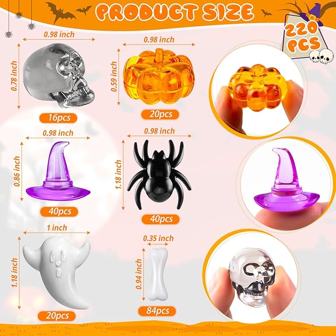 220 Pcs Halloween Vase Filler, Mini Acrylic Pumpkin Ghost Skull Spider Witch Hats Gems for Centerpieces Table Decorations, Halloween Sensory Bin Filler Decor for DIY Crafts