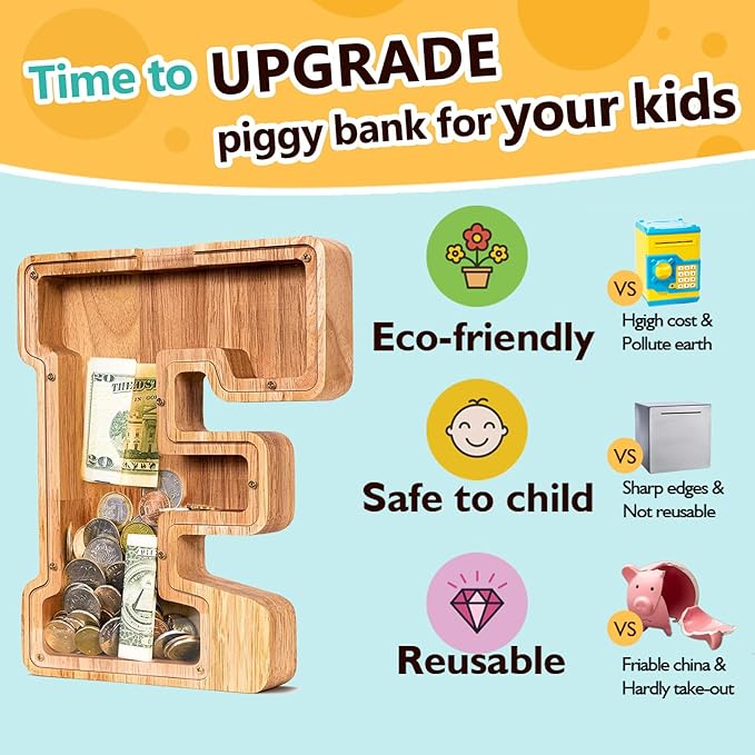 SummiDate Wooden Letter Piggy Bank| Piggy Bank for Boys Girls Toddler| Alphabet F Money Bank| Coin Bank Birthday Gift for Kids|Birthday Gift for Kids (F)