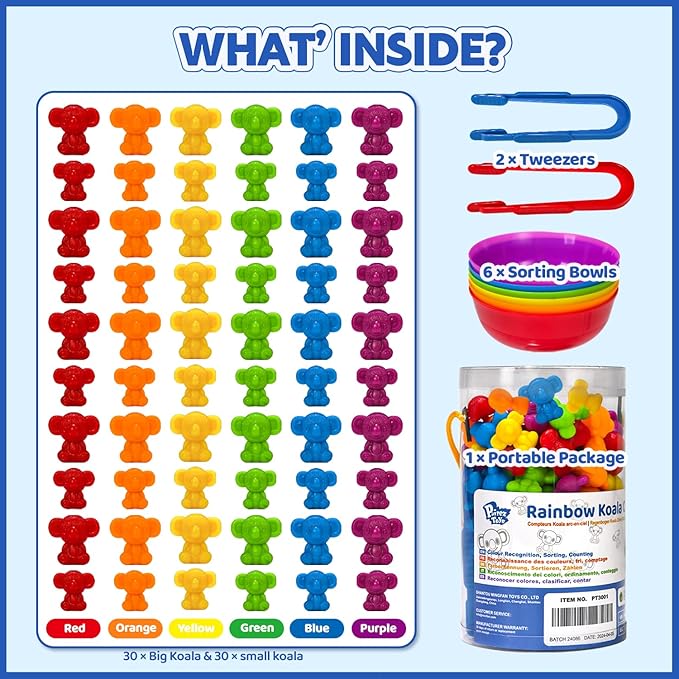 Counting Toys for Toddlers, 60 Rainbow Koala Counters w/Sorting Bowls, Color Sorting, Counting & Math Manipulatives, Preschool Homeschool & Classroom Early Learning Supplies
