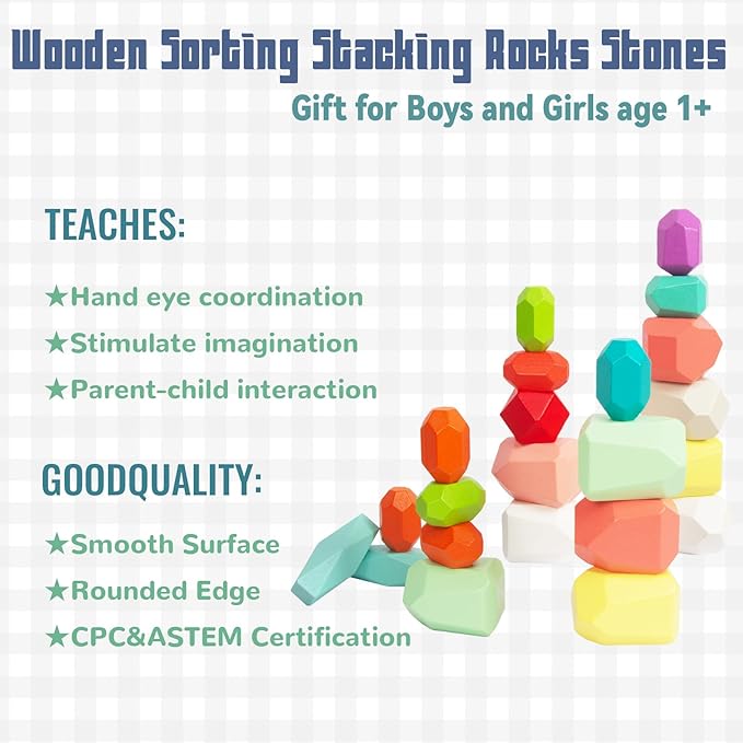 48 PCS Wooden Sorting Stacking Rocks Stones,Sensory Toddler Toys Learning Montessori STEM Toys, Building Blocks Game for Kids 3-6 Years Boy and Girl Birthday Gifts for Kids