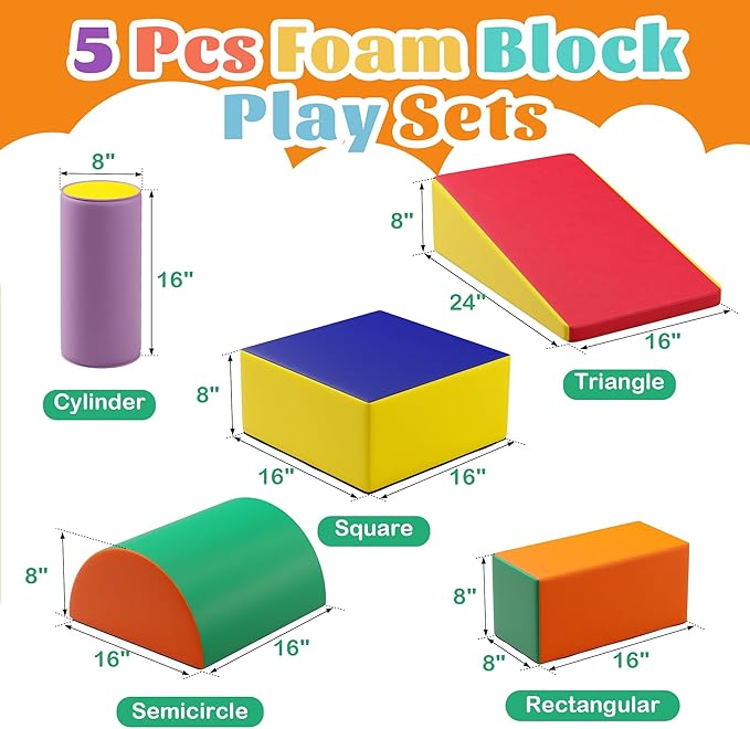TOLEAD 5 Pcs Foam Climbing Blocks for Toddlers, Soft Play Set Climb and Crawl Foam Activity Playset Gym Equipment for Playroom, Daycare, Kindergarten,Multicolored