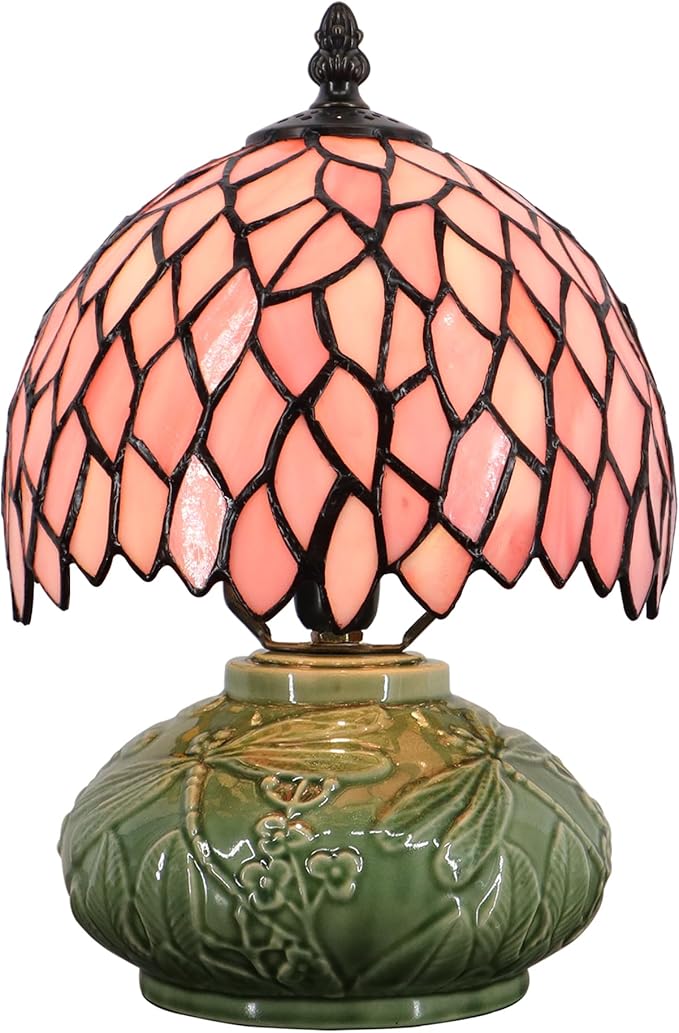 Small Tiffany Lamp Mushroom Table Lamp, Mini Stained Glass Desk Light Memory Sympathy Ceramic lamp 8X11 Inch (Pink Wisteria)