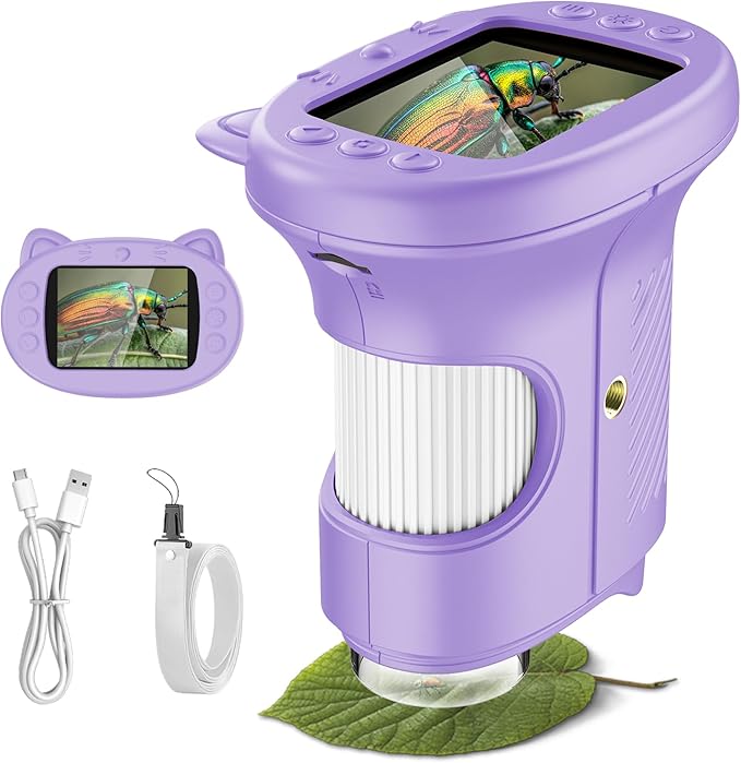 Kids Microscope, 1000X Portable Digital Microscope with 2.4" IPS Screen & 8 LEDs, USB Rechargeable, STEM Educational Science Kit, Great Christmas & Birthday Gift for Children Ages 3-12