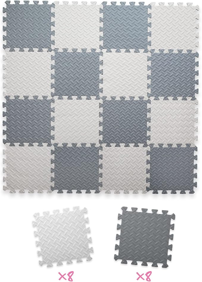 16 Tiles Foam Play Mat for Baby, Soft & Safe EVA Foam Mats for Floor, Square Baby Play Mat, Solid Colored Kids Foam Puzzle Floor Mat, 47x47 Play Mat for Playpen(Whit/Gray)