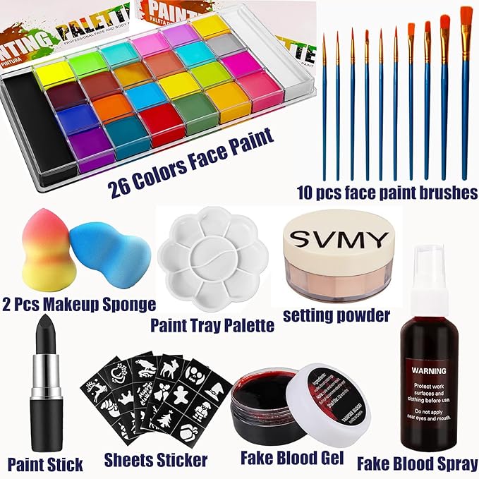 26 Colors Professional Face Body Paint Kit, Oil Face & Body Paint Kit for Halloween,including 26 Colors Face Paint/Paint Stick/ Brushes/ Special Effects Sticker for Halloween/Fake Blood