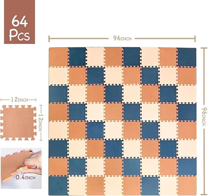 TCBunny Kids Soft EVA Foam Jigsaw Puzzle Play Mat, 18 Interlocking Tiles and Edges Baby Play Mat, for Kids Gym, Nursery, Playroom, Pet Mat, Total Floor Coverage 16 Sq Ft