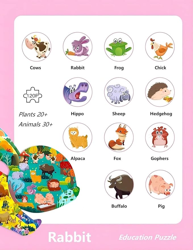 PINU Jigsaw Puzzles for Kids Ages 3-5, 6-8, 8-10, Children Colorful Fun Animal Shaped Puzzle Learning Educational Toys Gifts Games for Boys and Girls (Rabbit-120 PCS)