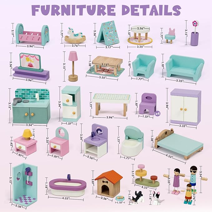 Lehoo Castle Wooden Dollhouse Furniture Set 39 Pcs with 5 Rooms, Family Dolls & Pets, All-Wooden Doll House Accessories and Furniture, Pretend Play Dollhouse Accessories Toy Gift for Kids 3+