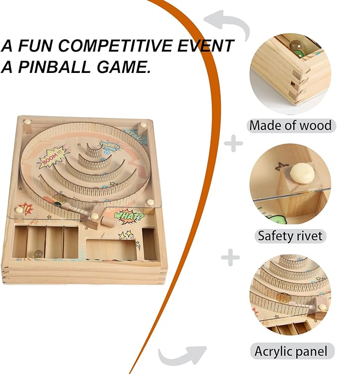 Wooden Marble Run, Marble Game, Wooden Pinball Rolling Toy, Mini Pinball Tabletop Machine with Stand, 10 Glass Marbles