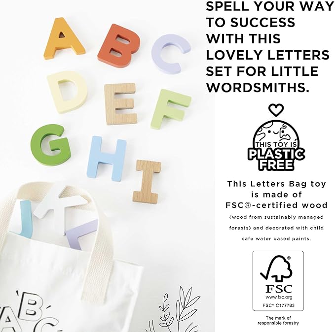Le Toy Van - Wooden Letters in a Bag Toy, Plastic Free | Suitable for Age 18+ Months