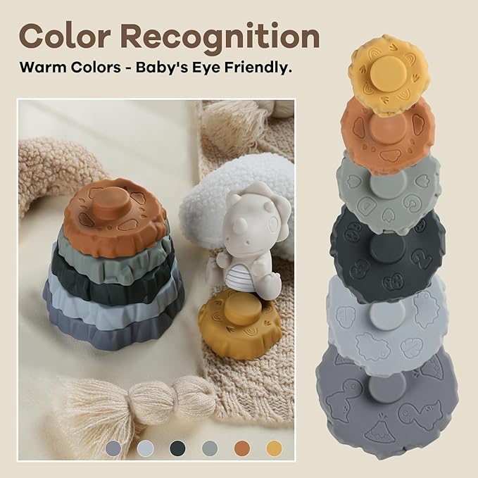 Stacking & Nesting Baby Teething Toy, 7 Pcs Soft Building Rings Stacker Toys with Dinosaur, Newborn Essentials Sensory Learning Toys for 6 12 18 Months Infant Toddler Boys Girls