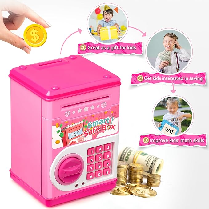 ATM Piggy Bank for Boys Girls, Vcertcpl Mini ATM Coin Bank Money Saving Box with Password Code, Kids Safe Money Jar for Real Money with Auto Grab Bill Slot, Great Gift Toy Bank for Kids (Pink)