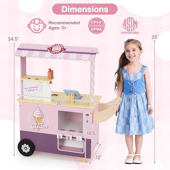 Costzon Ice Cream Cart, Wooden Grocery Store w/Vending Machine, Play Food, Display Rack & Shelves, Swivel Wheels, Push Handle, Ice Cream Truck, Market Stand Pretend Playset for Kids Ages 3+ (Pink)