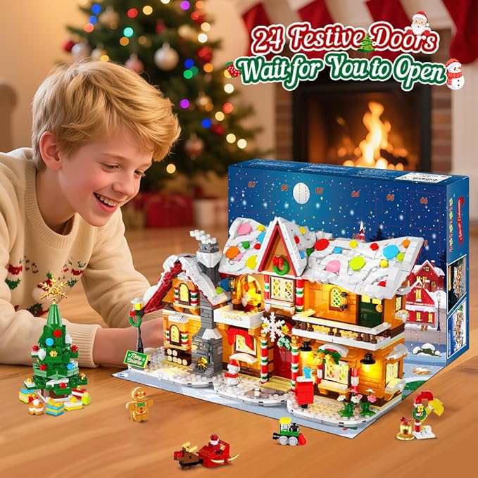 HOGOKIDS 2025 Advent Calendar Gingerbread House Mini Building Set with Light, 24 Days Countdown 3 Style Christmas Village Blocks Toy with Xmas Tree, for Adults Kids Boy Girls Ages 10+