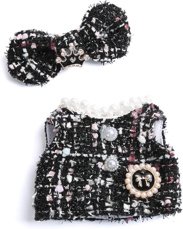 17cm Doll Clothes for Labubu - Luxury Chic Style Set for 17cm Dolls Outfit - Accessories for Dolls Clothes -Black Plaid Tweed Dress + Black Bow (No Doll)
