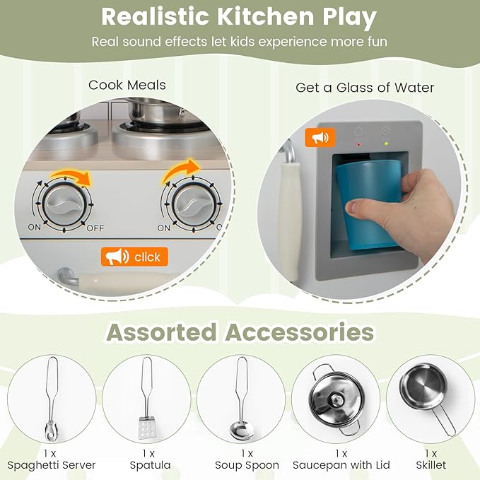 Costzon Corner Kids Kitchen Playset, 8-in-1 Wooden Toy Kitchen Set with Realistic Microwave, Oven, Stove, Refrigerator, Range Hood, Pretend Play Kitchen for Toddlers Boys Girls