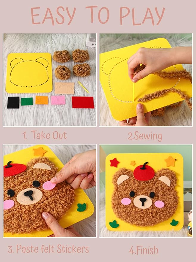PupuMiao Sewing Kit for Kids DIY Embroidery Sewing Kit Cute Animal Sewing Projects Easy Crafts with English Instructions, Perfect for Beginners, Girls Boys Ages 4-12 (Giraffe+Tiger+Bear+Piggy)