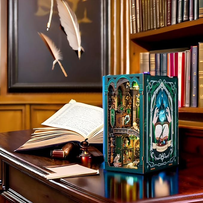 Fsolis Book Nook Kits for Adults, DIY Miniature House Kit 3D Wooden Puzzle Booknook Magic Halloween Bookshelf Nook Decorative Bookends for Women Teenagers and Book Lovers(Darkness Common Room)