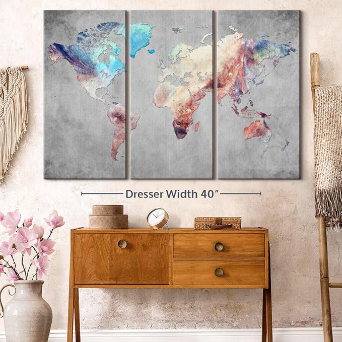 ElephantStock Artistic Touch World Map Multi Piece Canvas - 3 Panel Wall Decor - Map of the World Art - Canvas for the Office and Home - 57" X 36"