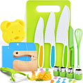 Hilsoeet 26PCS Kids Knives for Real Cooking, Wooden Kids Kitchen Knife Set Include 4 Serrated Edges Plastic Toddler Knives, Cutting Board, Y Peeler, Egg Beater, Toddler Food Picks and Cream Scraper
