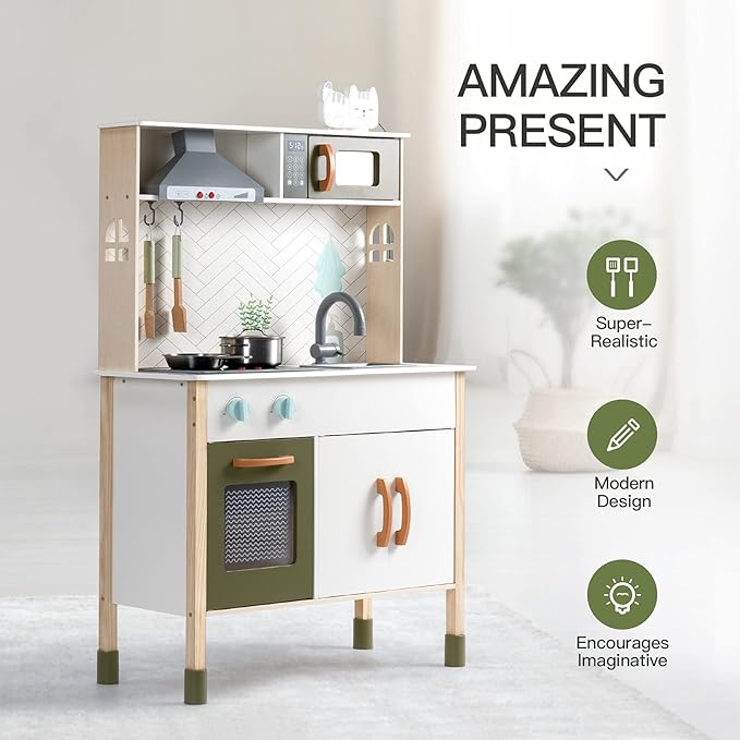 ROBOTIME Wooden Play Kitchen for Kids, Toys Kitchen with Light & Sound & Range Hood, Kids Kitchen Playset with Plenty of Play Features, Pretend Play Kitchen Set for Girls Boys Ages 3+