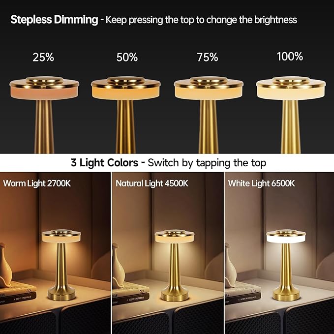 Cordless Table Lamp, Portable LED Desk Lamp, Table Sensor Control Beside Lamps, Kids Night Light with Stepless Dimming & Charging Completed Tip Light & 3 Colors Changing
