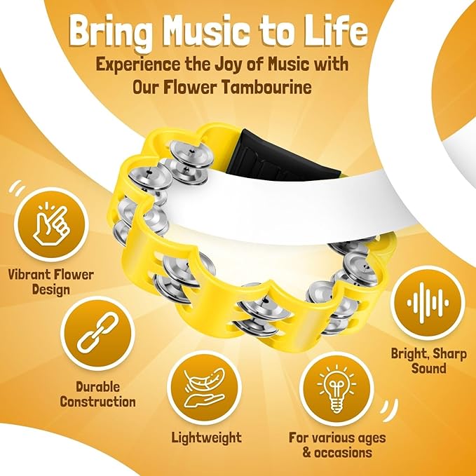 Flexzion Flower Tambourine - 8 Inch Handheld Percussion Instrument w/Metal Jingles & Ergonomic Grip - Small Tambourines for Adults, Kids, Church, Parties, & Musical Events (Yellow)
