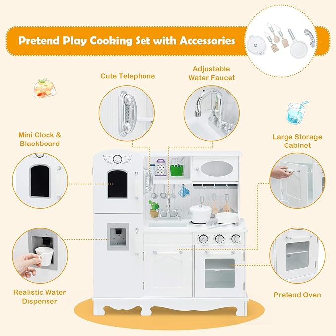 Costzon Kids Kitchen Playset, Wooden Toddlers Toy Kitchen with Light & Sound, Microwave, Ice Maker, Oven, Sink & Faucet, Cooking Accessories, Pretend Play Kitchen, Gift for Boys Girls Age 3+