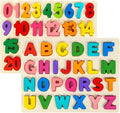 Attmu Wooden Puzzles for Toddlers, Alphabet Puzzle and Number Puzzle, 2 in 1 Preschool Educational Learning Toys with Chunky Wood ABC Puzzle Board, for Girls Boys Kindergarten Set of 2