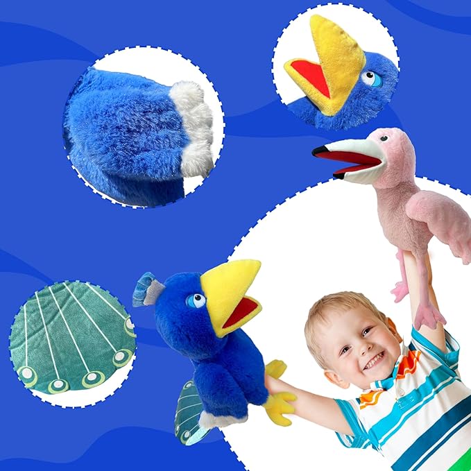 Puppets Peacock Hand Puppet,13.8" Animal Puppet Peacock Puppets Bird Stuffed Animal Hand Puppets for Kids with Movable Mouth,Puppet Plush Multi-Color Toy Bird Puppet Role Play Teaching(Blue)