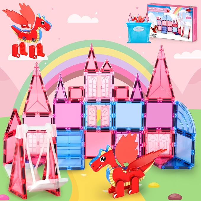 Magnetic Tiles for Kids Ages 4-8 with Dragon, 36-Piece Princess Castle Magnet Tiles for Girls, Movable Dragon Toys for 3+, Creative Magnetic Construction Building Set for Classroom, Xmas Birthday Gift