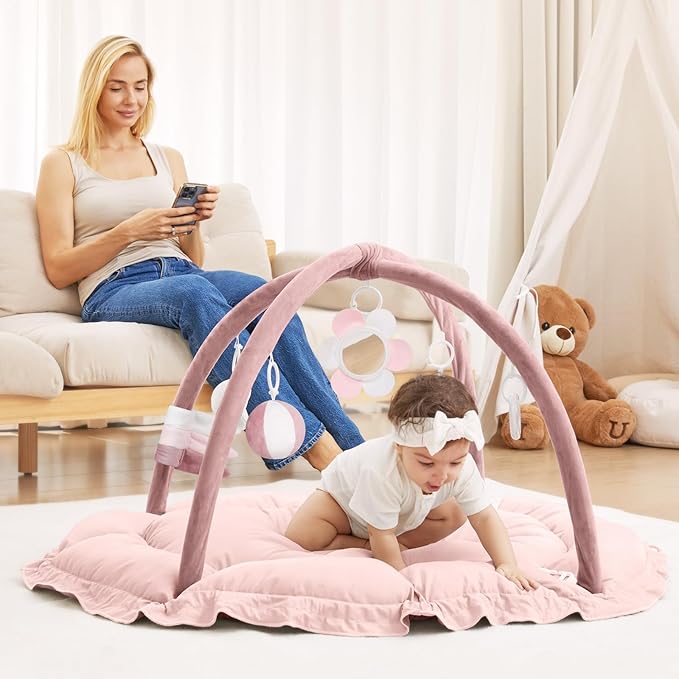 ANGELBLISS 5 in 1 Baby Play Gym Mat, Reversible Tummy Time Mat with 5 Sensory Toys for Stage-Based Developmental, Thick & Large Baby Activity Center from Newborn to Toddler (Purple)
