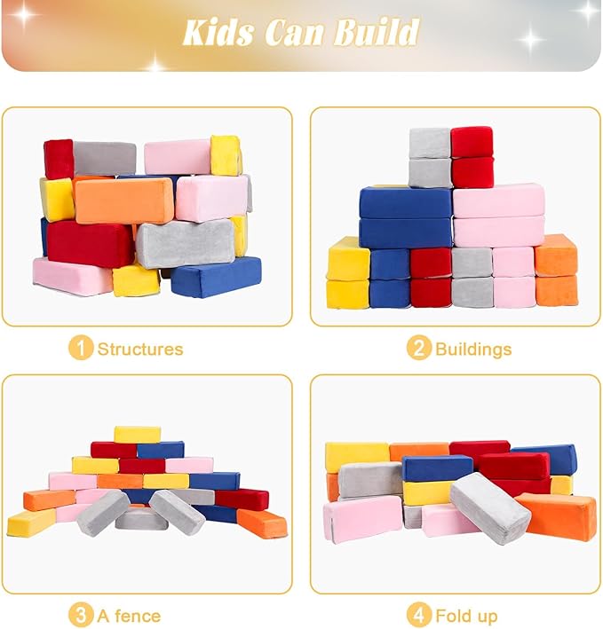 Foam Building Blocks for Kids，24 Pack Soft Foam Blocks for Toddlers, Large Stacking Building Block Toys Set Gifts for Boys and Girls