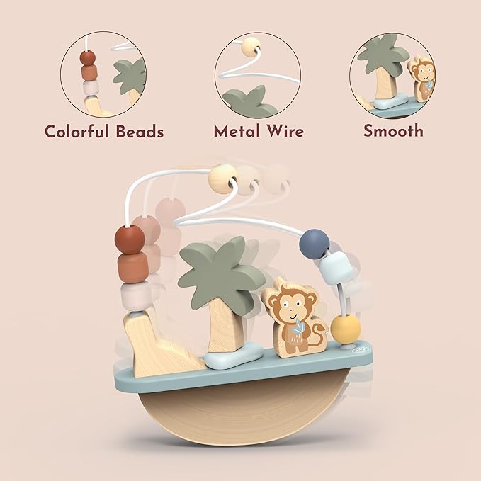 Speedy Monkey Rocking Beads Maze – Soft Colored Wooden Monkey Bead Maze, Gently Rocks and Twists, 7 Beads for Dexterity and Coordination, Non-Toxic Paint, Ideal for Kids 1-3 Years, Educational Toy