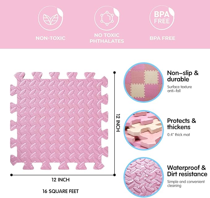 16 Tiles Foam Play Mat for Baby, Soft & Safe EVA Foam Mats for Floor, Square Baby Play Mat, Solid Colored Kids Foam Puzzle Floor Mat, 47x47 Play Mat for Playpen(Beige/Pink/Loli Pink)