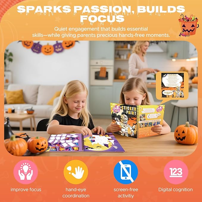 4PCS Paint by Number Sticker Book - Halloween Crafts & Acitivity Puzzles Book for Kids Ages 4-10, Travel Toys for Road Trip & Airplane,Perfect Halloween Gifts & Basket Stuffers for Kids