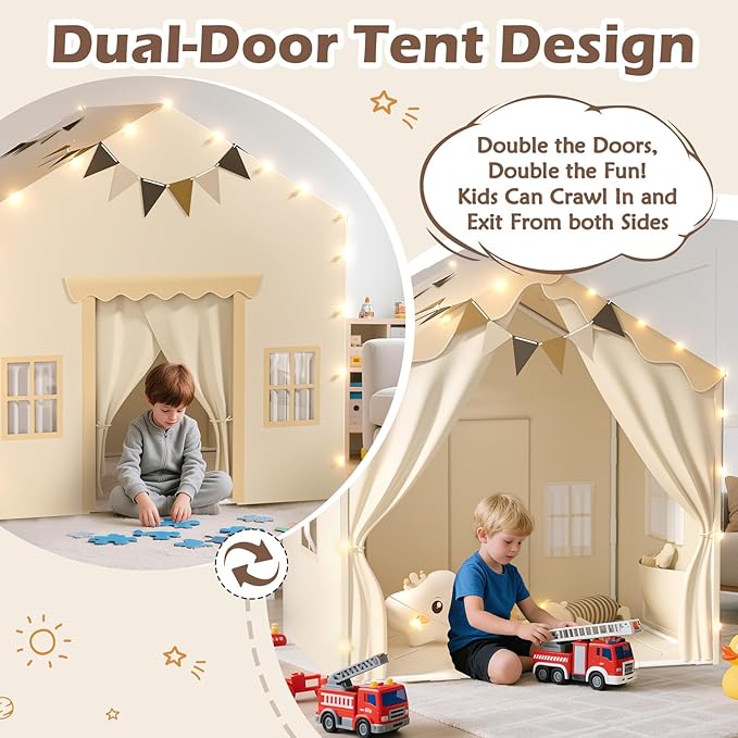 EagleStone 2-in-1 Kids Tent,Large Play Tent with Padded Mat and Lights,Kids Playhouse with 2 Doors & 4 Windows,2 Large Side Pockets,Indoor Outdoor Kid Play Tent for Toddlers,53" x40" x 51"
