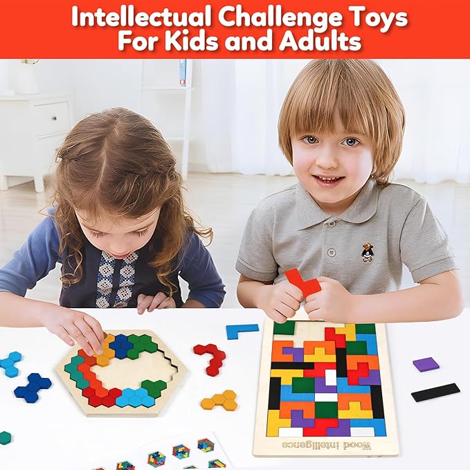 Wooden Puzzles Blocks Brain Teasers Logic Games for Classroom & Party Times,Jigsaw Puzzle Intelligence STEM Montessori Educatioanl IQ Toys Games for Kids Boys Girls Ages 3+ (2 Pack)