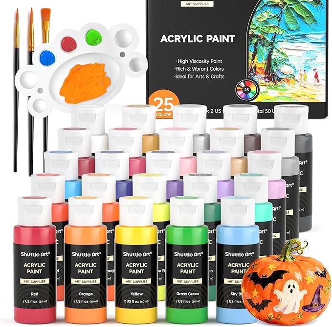 Shuttle Art Acrylic Paint, 25 Colors Acrylic Paint Set, 2oz/60ml Bottles, Rich Pigments Paint for Artists, Beginners and Kids on Canvas Rocks Wood Ceramic Fabric