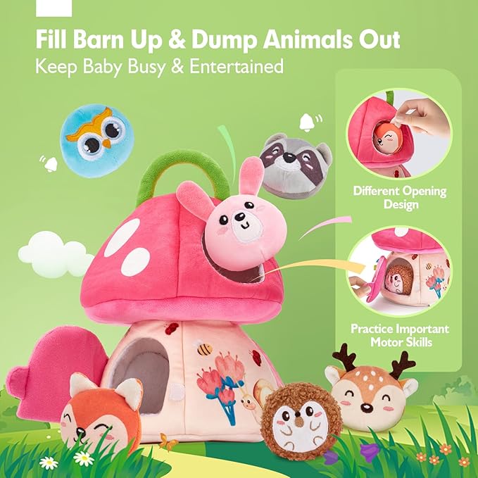 hahaland Baby Toys 6-12 Months - Montessori Toys for 6 Month Old Girl, My First Mushroom House with Stuffed Jungle Animals, Rattle, Crinkle Paper, Mirror, Sensory Toddler Toy for 1 Year Old Girl Gifts