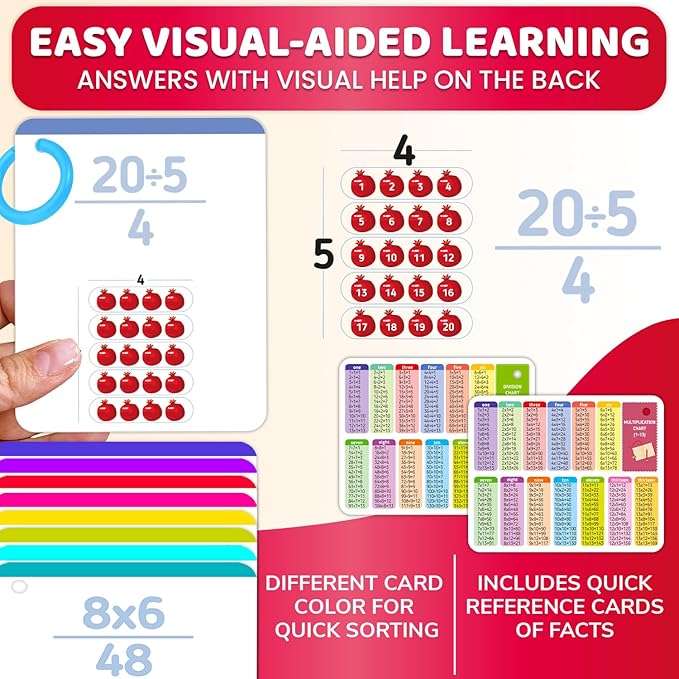 QUOKKA Multiplication and Division Flash Cards for Kids Ages 4-8 – 338 Math Flashcards for Kids 5-7 - Visual Aids | Sorting Rings | Reference Cards – Math Games 1st to 3rd Grade for Classroom & Home