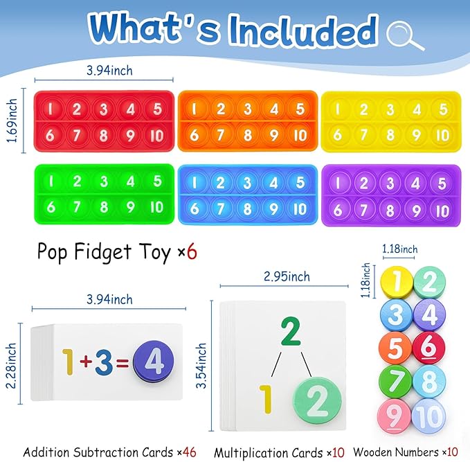 Math Flash Cards + Popper Fidget Board, Addition & Subtraction Times Table Chart, Counting Number Math Manipulatives Game, Educational Toy for Kindergarten Classroom Kids 1st 2nd 3rd