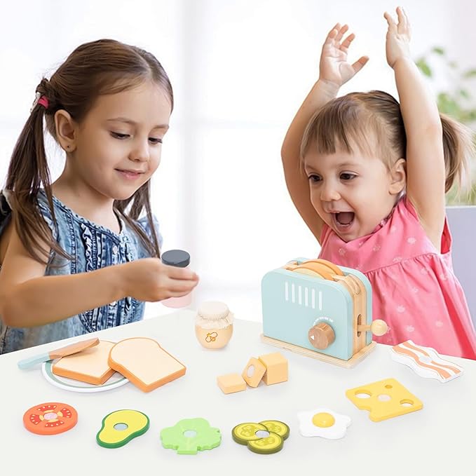 Wooden Pop up Toaster Play Kitchen Set, 17PCS Play Food Accessories for Toddlers Early Learning,Pretend Play Breakfast Playset, Toys Gift for Toddlers Girls & Boys