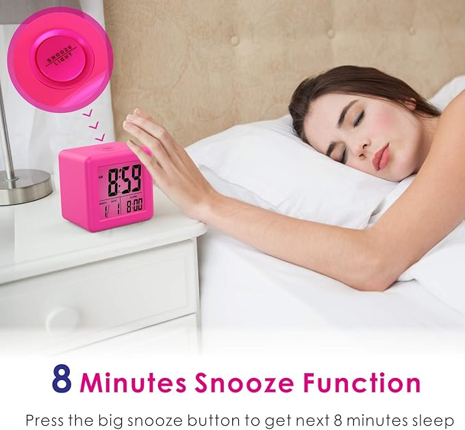 Plumeet Digital Kids Alarm Clock with Snooze and Nightlight - Easy Setting Silicone Clock Display Time, Date - Loud for Bedroom - Battery Powered (Pink)