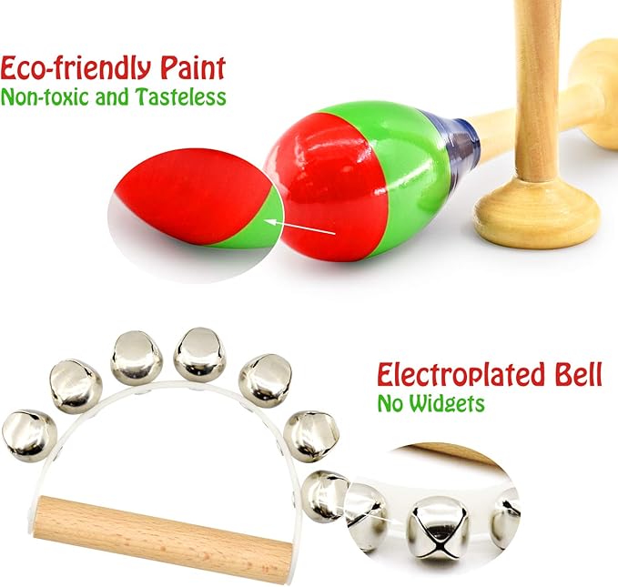MUSICUBE 7 Pcs Musical Instrument Toys Set for Kids Wooden Percussion Instrument with Hand Drum, Maracas, Triangles, Hand Bell Educational Instrument for Toddler Birthday Gift for Boys Girls Aged 3+