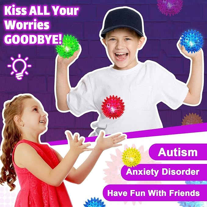 Light Up Sensory Balls - Sensory Toys for Kids with Autism Toys for Kids 3-4 5-7 8-12 Gifts for Teen Boys Girls Spiky Fidget Stress Balls Glow in The Dark Novelty Noisemaker Toys for Parties Favors