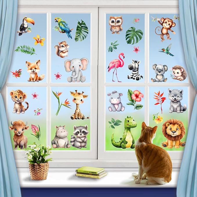 38 Animal Window Clings, Cute Elephant, Monkey, Bird Window Stickers, Perfect for Parties, Decorating Rooms, Living Rooms, Kitchens, bathrooms, refrigerators, Tile Stickers